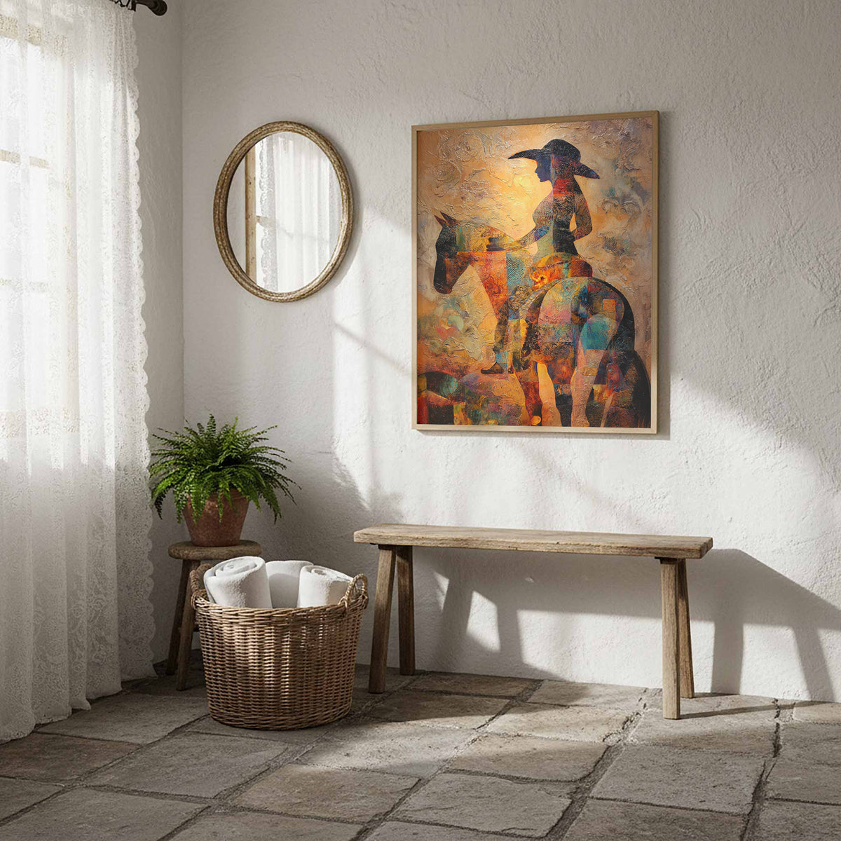 Western Cowgirl Abstract Canvas Art – styled room view 12
