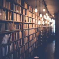 The Long Library — moody architectural canvas wall art with candlelit bookshelves