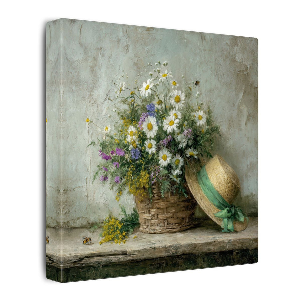 Rustic Wildflower Basket Canvas Art – gallery wrapped canvas, side view