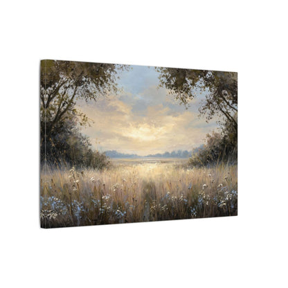 Sunlit Meadow Landscape Canvas Wall Art – gallery wrapped canvas, side view