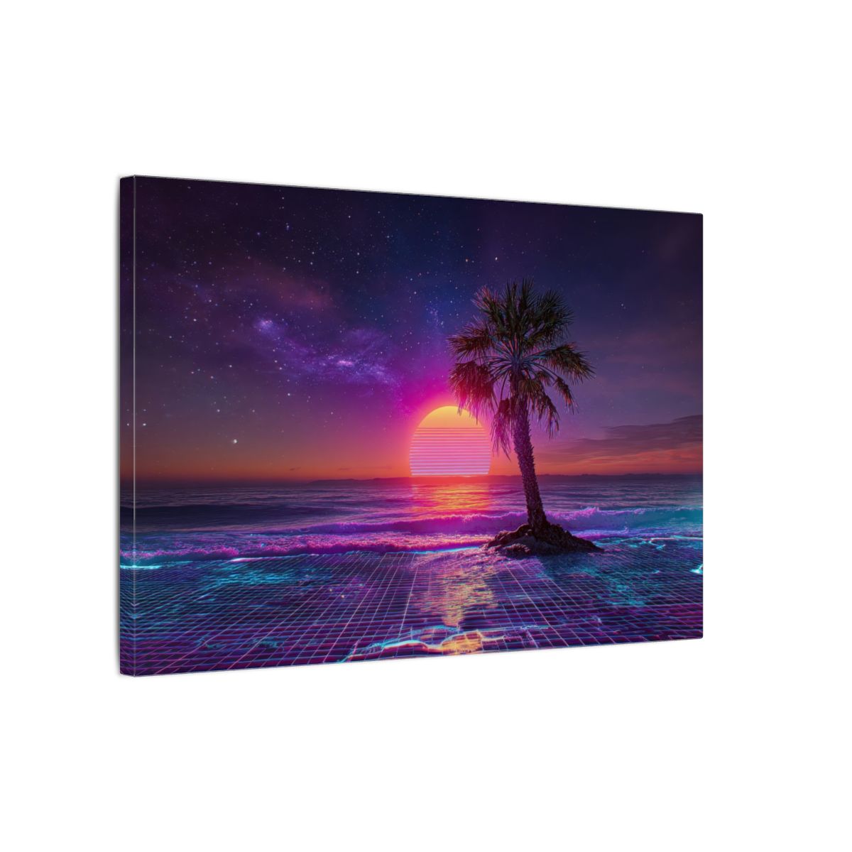 Synthwave Palm Beach Canvas Print – gallery wrapped canvas, side view