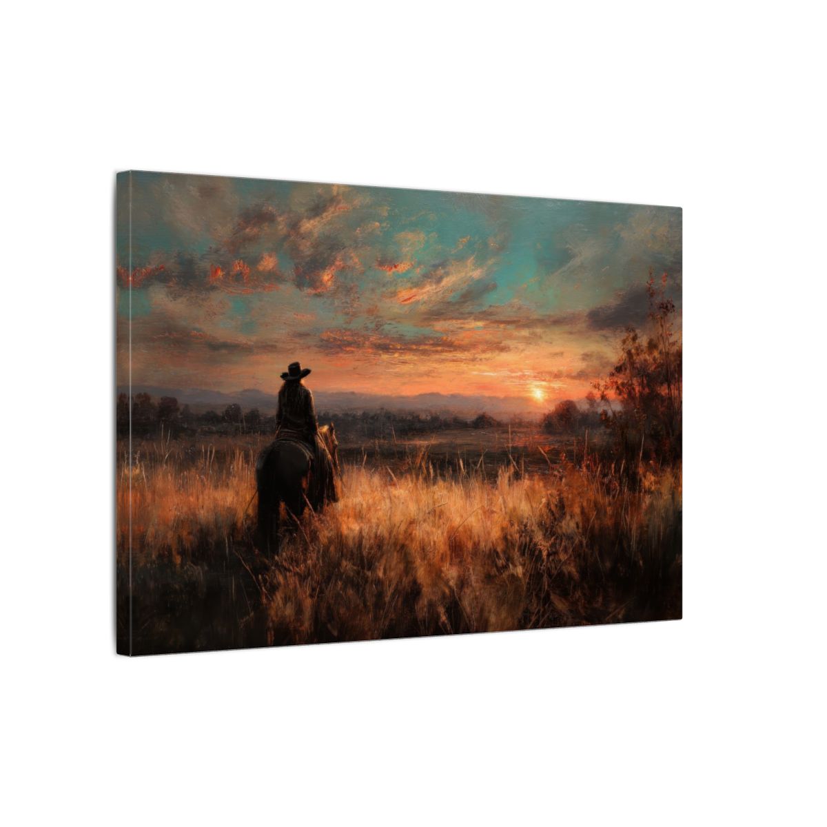 Western Cowboy Sunset Canvas Wall Art – gallery wrapped canvas, side view
