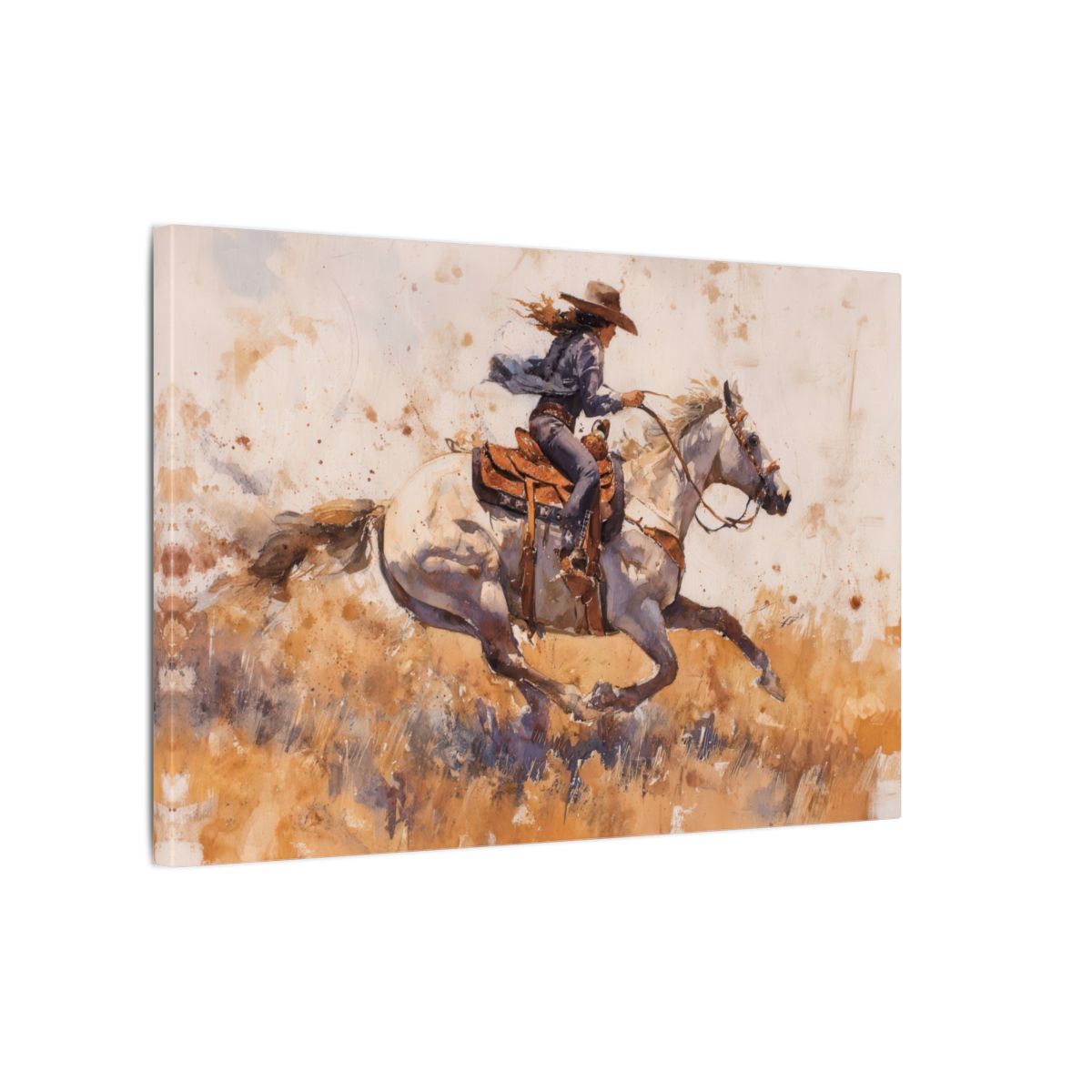 Western Cowgirl Watercolor Canvas Wall Art – gallery wrapped canvas, side view